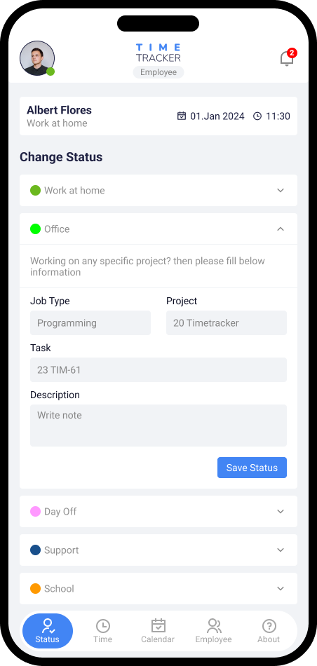 Time Tracker Mobile App - Home Screen